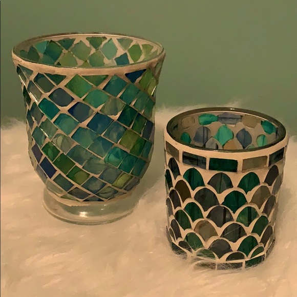 Mermaid Glass blue mosiac candle holders